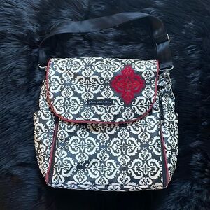 Petunia Pickle Bottom Black & White Damask pattern embossed red decal diaper bag